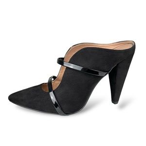 Chinese Laundry Strappy Black Pointed Toe Shayla Mule Heels Faux Suede